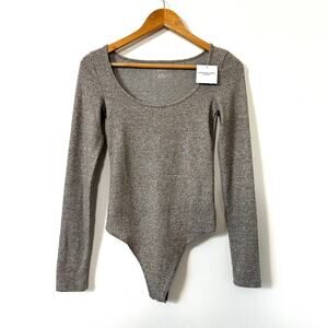 American Eagle Long Sleeve Bodysuit Scoop Neck Thong Soft Neutral Gray NWT